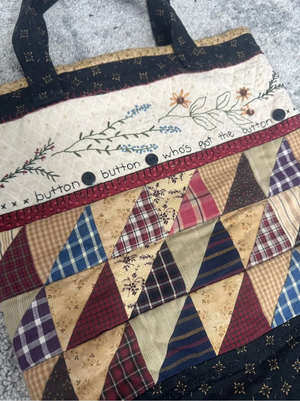 Handmade Primitive Patchwork Quilted Tote Bag Embroidered Folk Art
